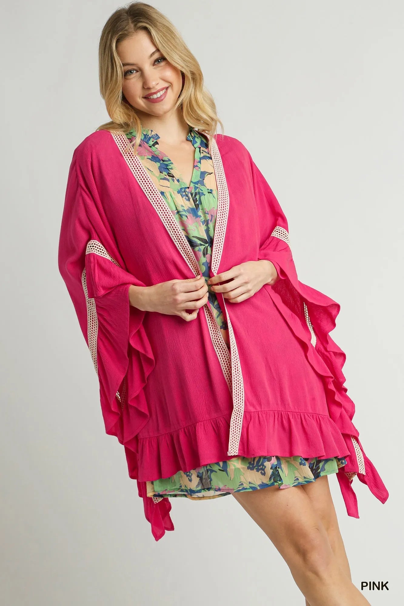 Umgee Ruffle Trim Kimono with Crochet Accent - kinko