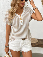 Striped V-Neck Short Sleeve T-Shirt - kinko