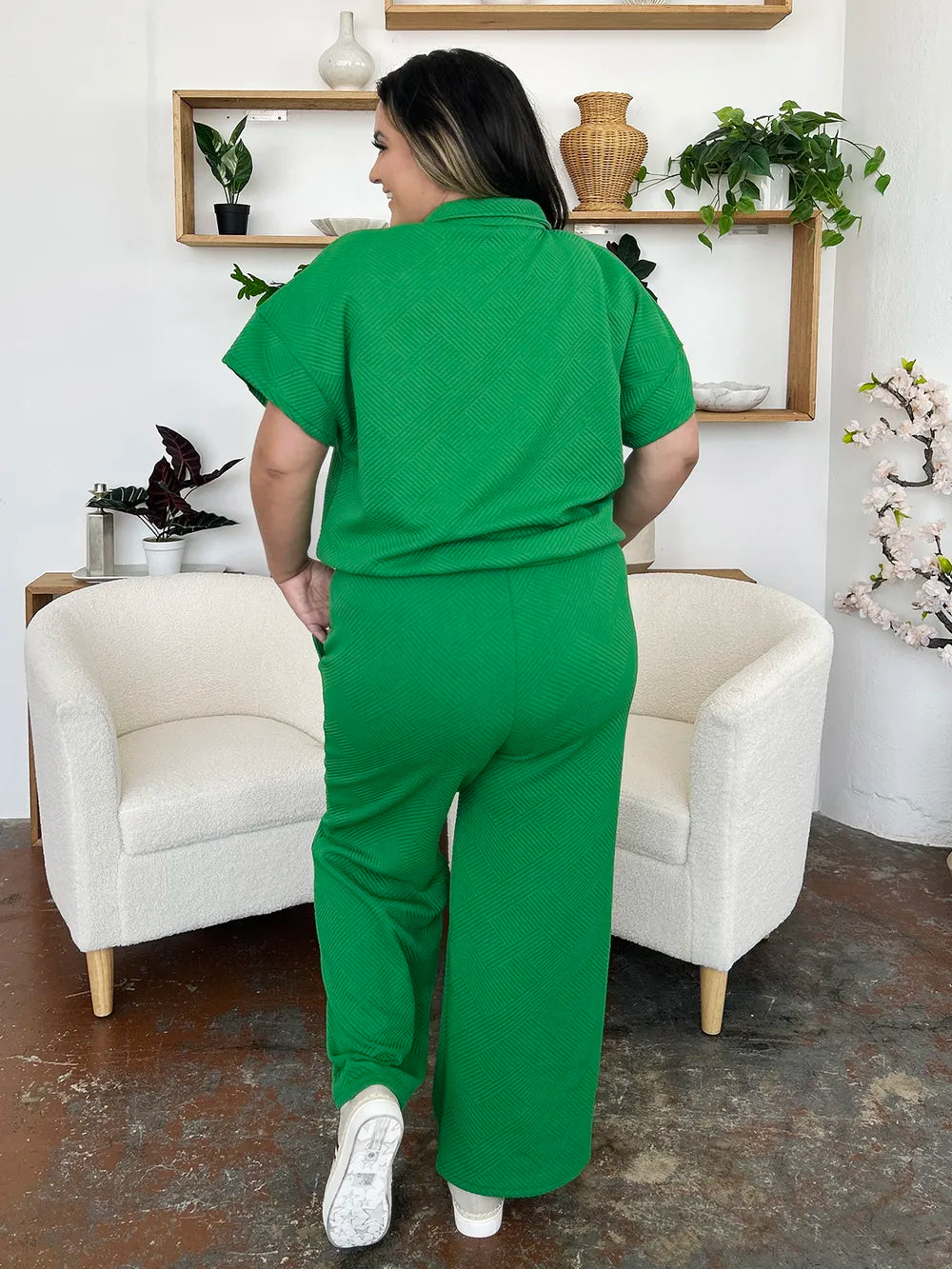 Double Take Full Size Texture Half Zip Short Sleeve Top and Pants Set - kinko