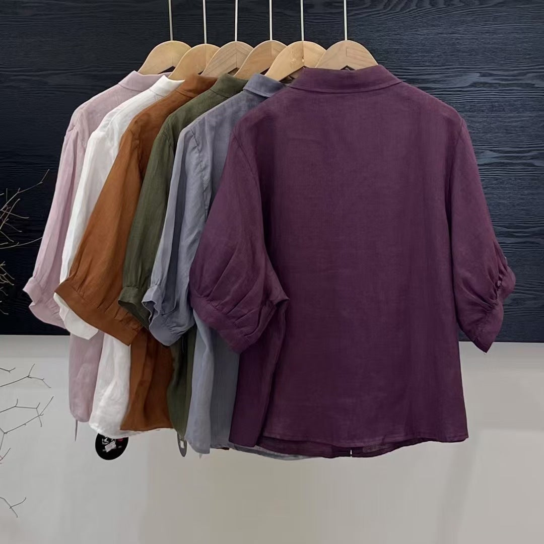 Artistic Versatile Breathable Solid Color Linen Women's Shirt - kinko