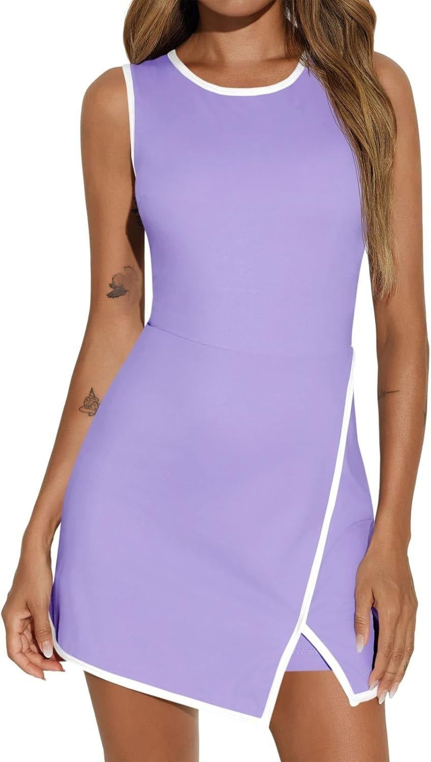 Round Neck Contrasting Color Side Slit A-line Tennis Skirt - kinko