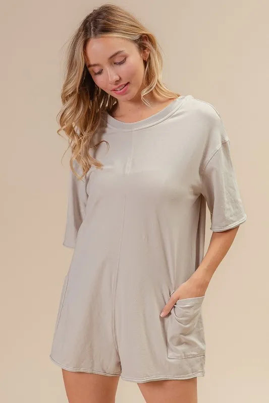 BiBi Short Sleeve Back Open Washed Romper - kinko