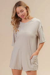 BiBi Short Sleeve Back Open Washed Romper - kinko