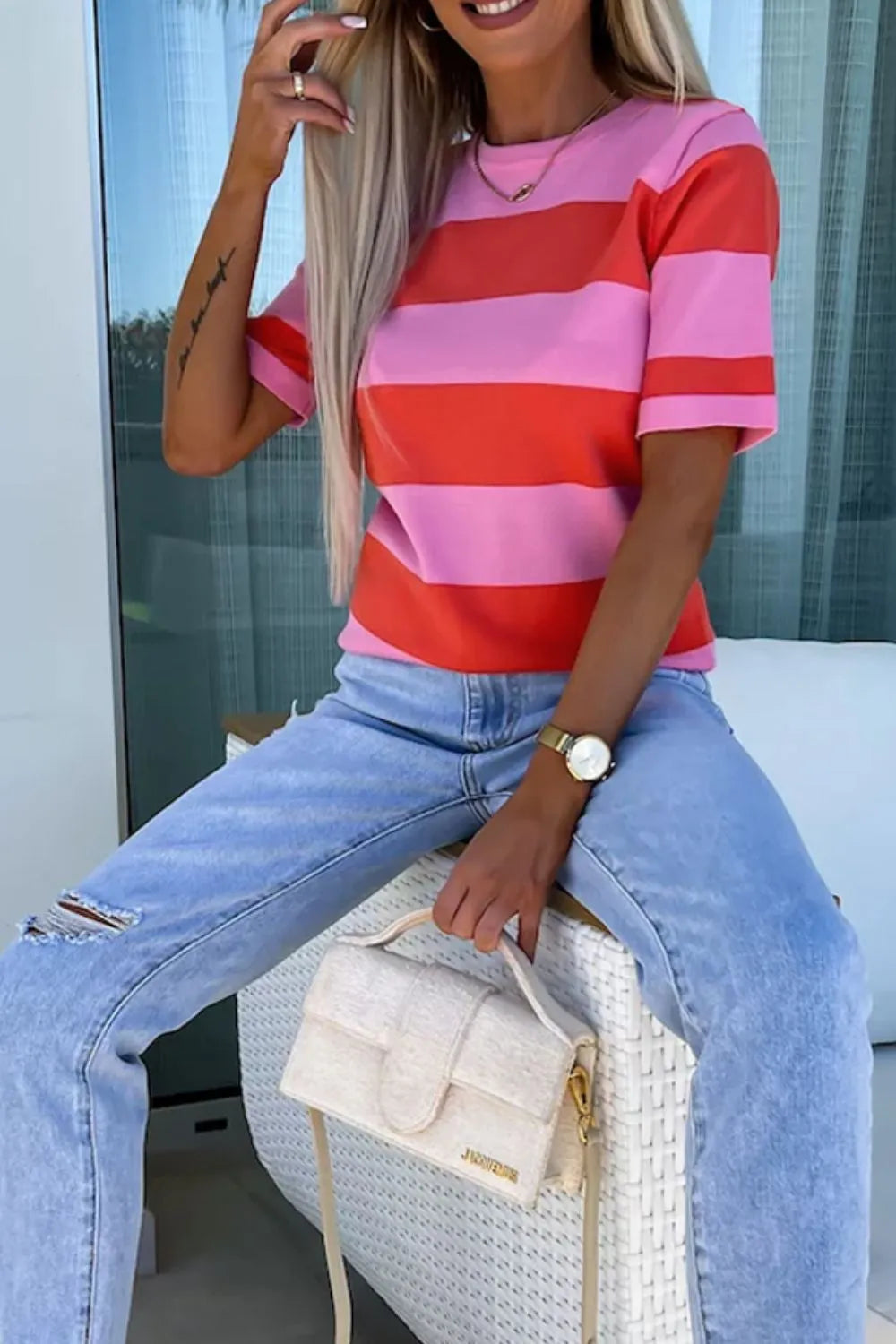 Color Block Round Neck Half Sleeve Top - kinko