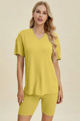 Basic Bae Full Size Ribbed V-Neck Short Sleeve Top and Shorts Set - kinko