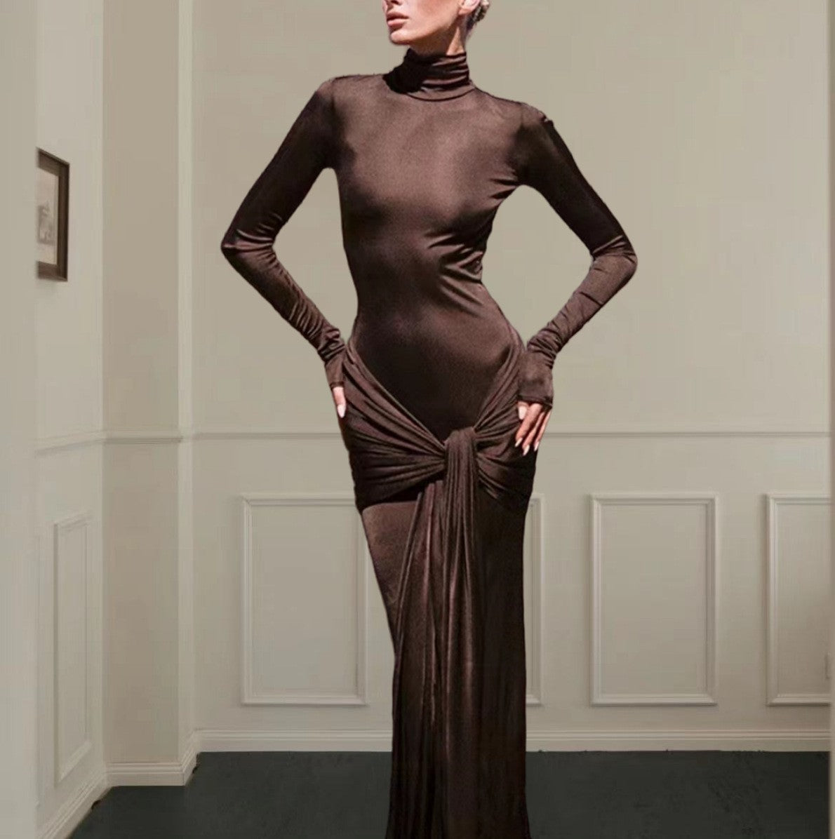 High Collar Solid Color European And American High-end Lace-up Design Dress - kinko