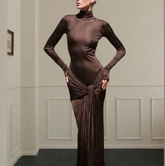 High Collar Solid Color European And American High-end Lace-up Design Dress - kinko