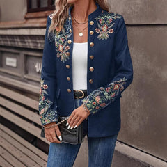 Women's Stand Collar Solid Color Floral Print Blazer Fashion Double-Breasted Fall & Winter Jacket - kinko