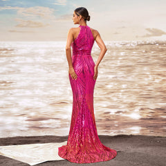 Round Neck Off-the-shoulder Slim-fit Sheath Sequined Banquet Fishtail Evening Dress - kinko