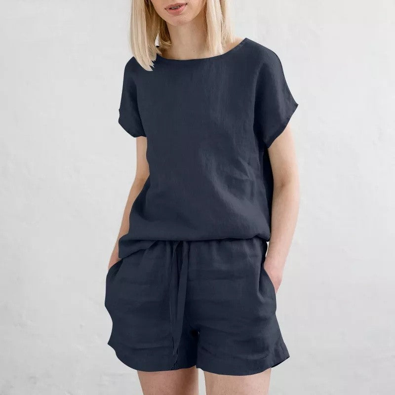 Short Sleeve Cotton Linen Retro Fashion Solid Color Top Shorts Suit - kinko
