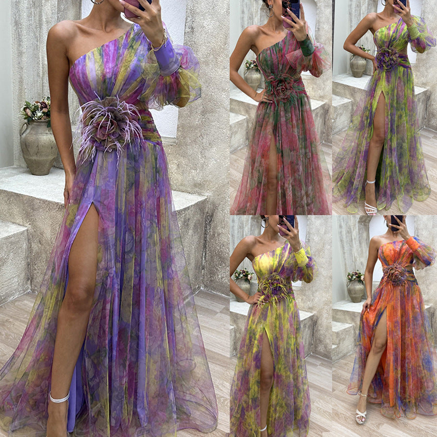 New Party Mesh Slanted Shoulder Dress INS Casual And Fashionable Women's Long Skirt - kinko