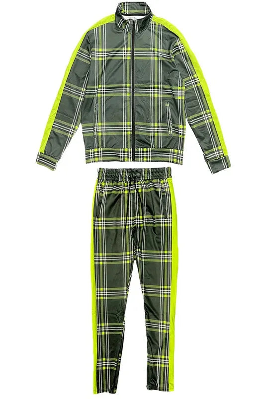 WEIV Men's Full Size Plaid Checkered Zip Up Track Jacket and Pants Set Plus Size - kinko
