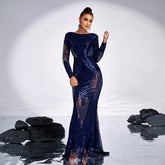 Long Sleeve Temperament Crew Neck Sexy Long Sequined Banquet Evening Dress - kinko