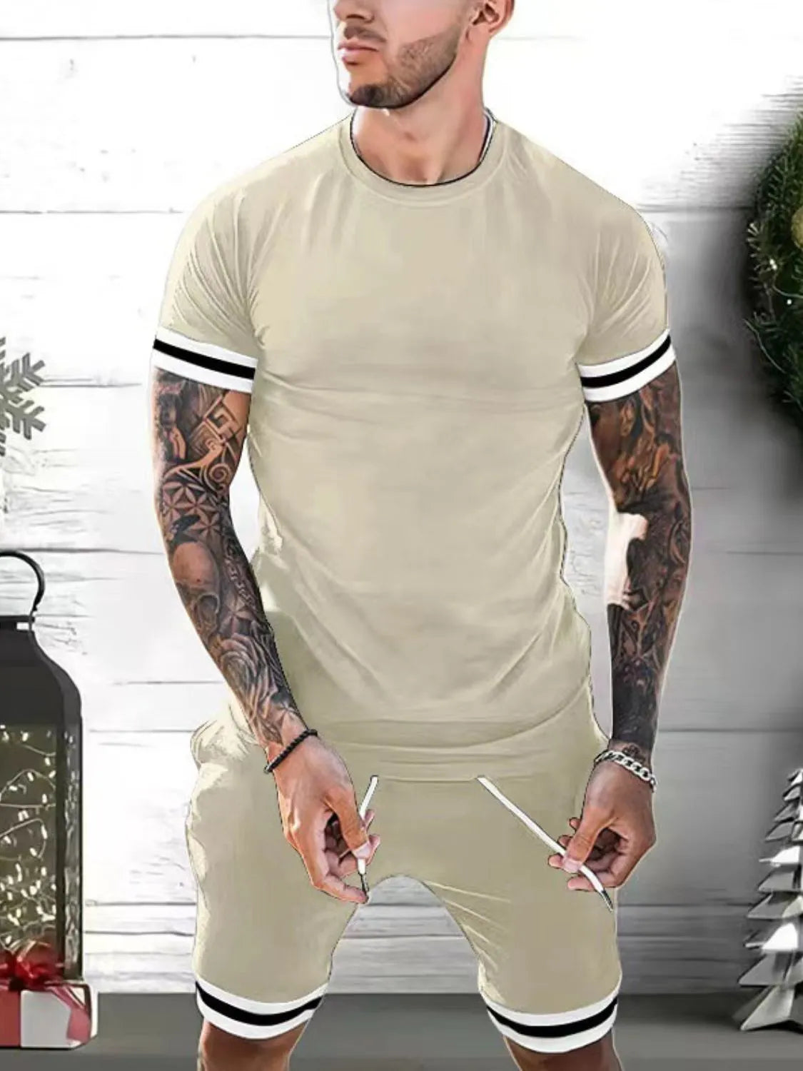 Men's Plus Size Round Neck Short Sleeve Top and Shorts Set - kinko