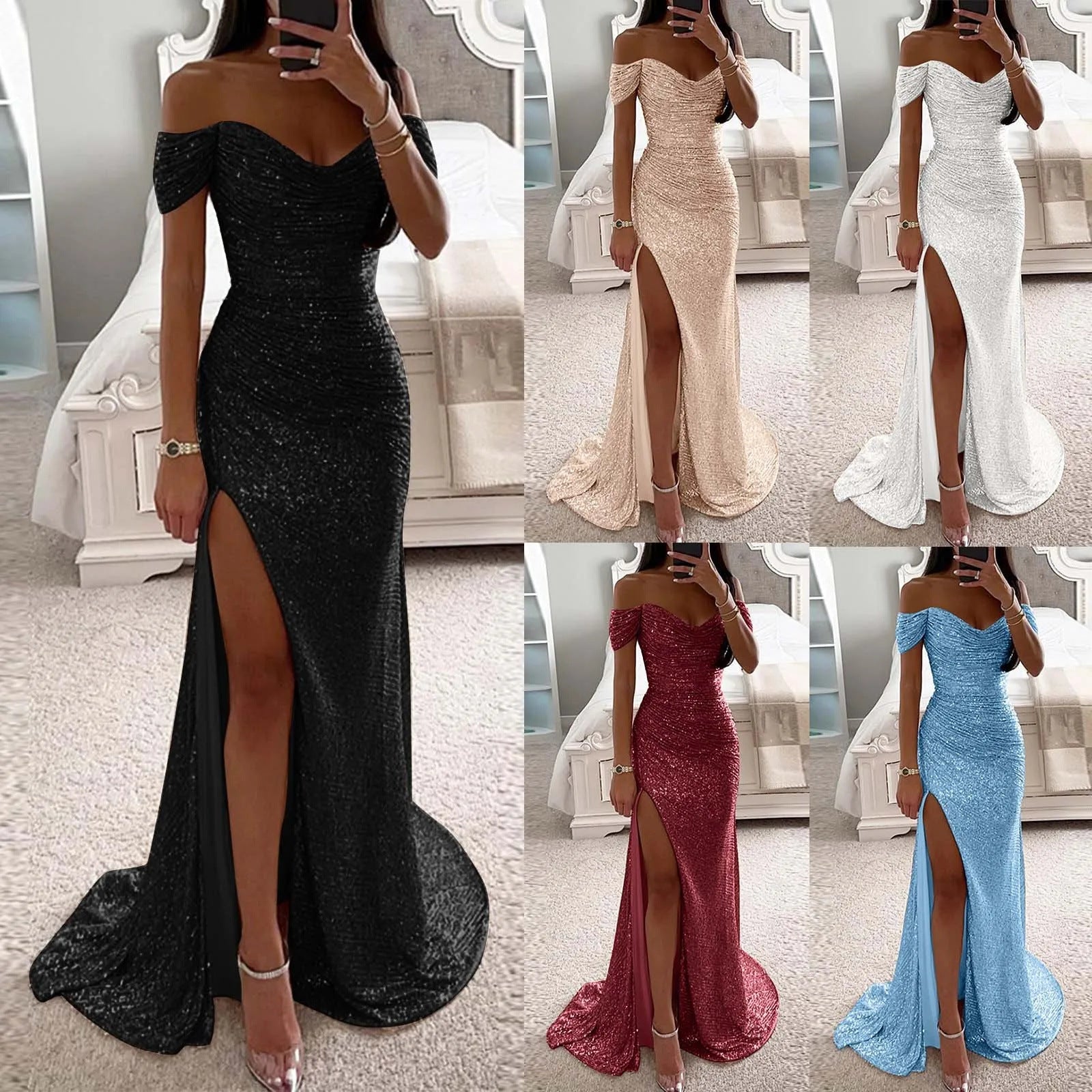 Female Creative Solid Color Sparkling Slit Dress - kinko