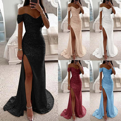 Female Creative Solid Color Sparkling Slit Dress - kinko