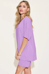 Basic Bae Bamboo Full Size V-Neck Drop Shoulder T-Shirt and Shorts Set - kinko