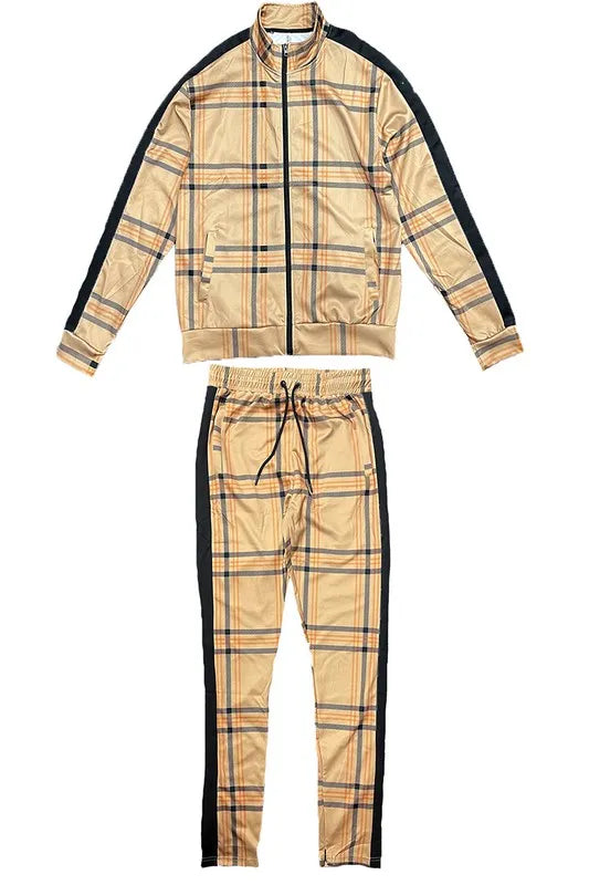 WEIV Men's Full Size Plaid Checkered Zip Up Track Jacket and Pants Set Plus Size - kinko