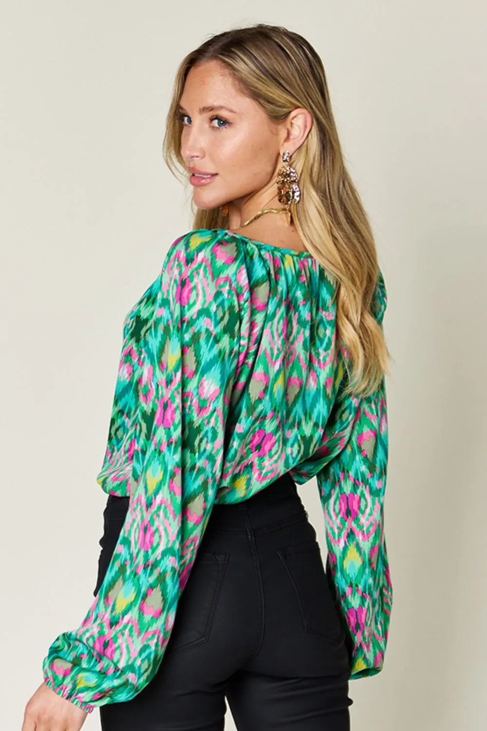 Double Take Full Size Printed Balloon Sleeve Blouse - kinko