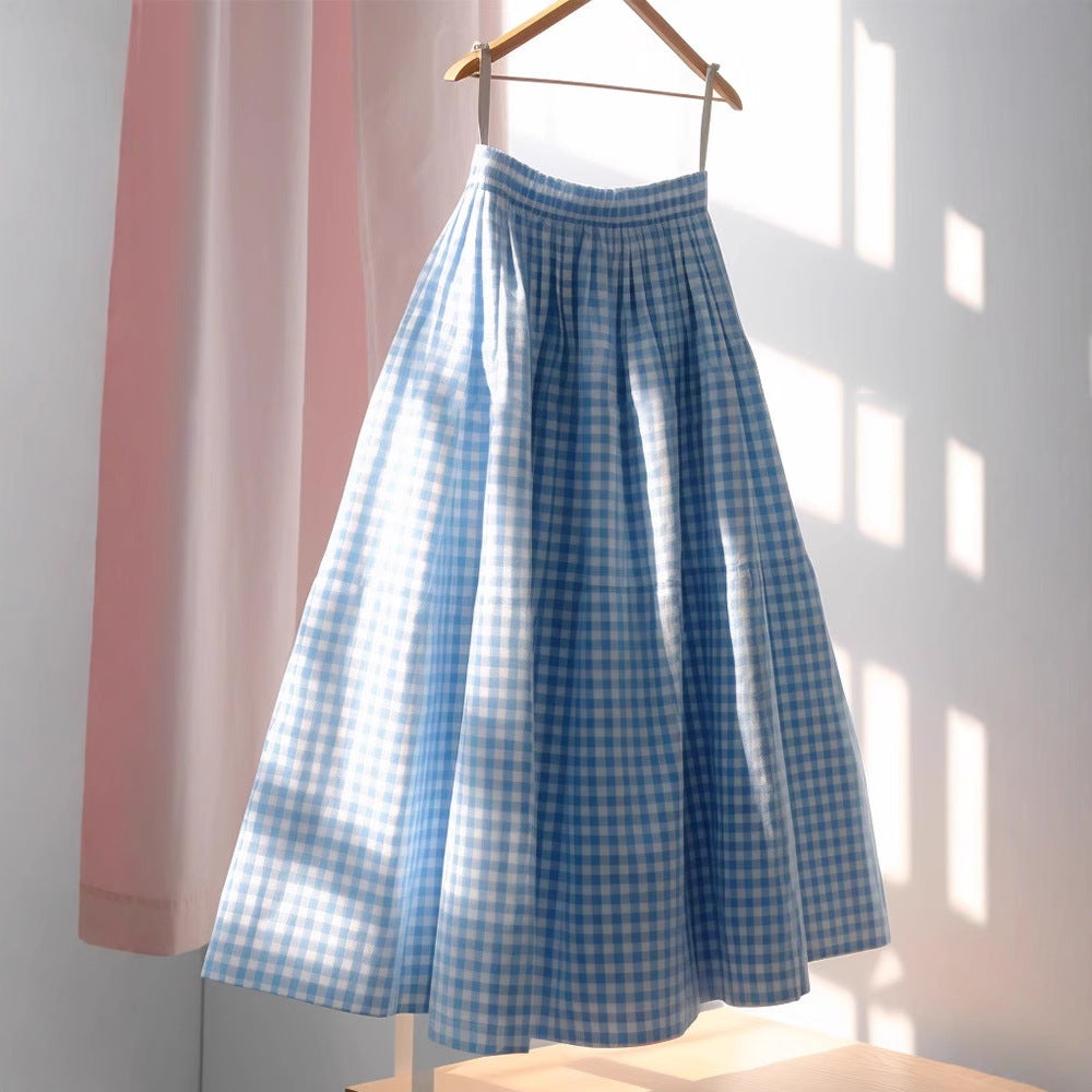 Women's Versatile French High Waisted A-line Plaid Linen Skirt - kinko