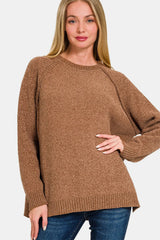 Zenana Side Slit Raglan Sleeve Sweater - kinko