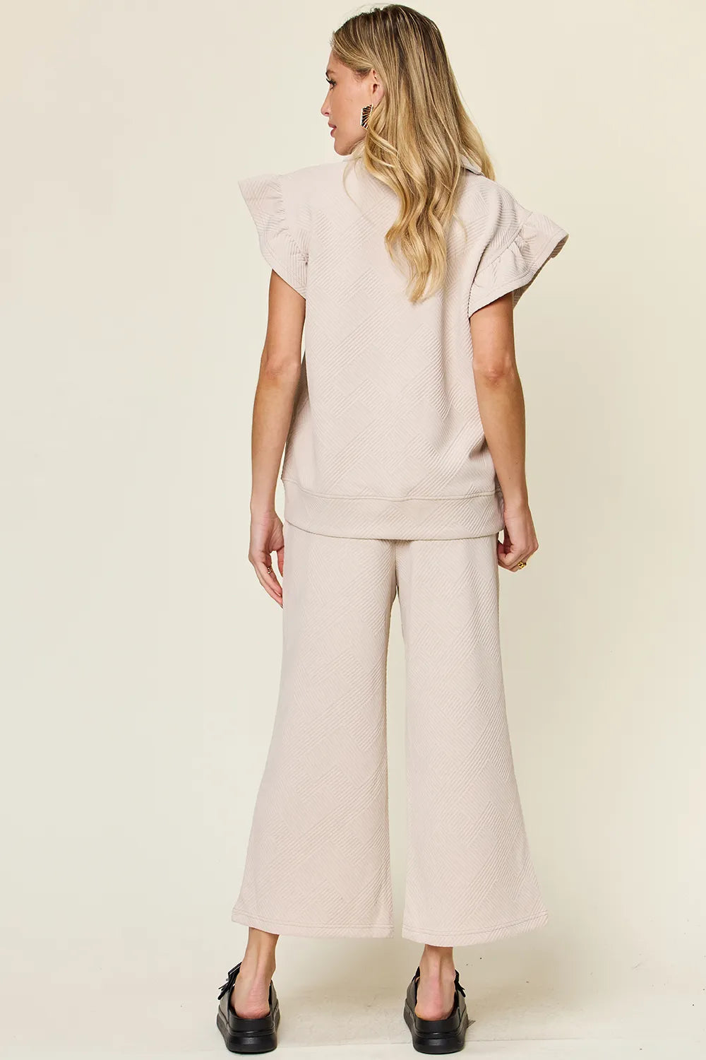 Double Take Texture Ruffle Short Sleeve Top and Drawstring Wide Leg Pants Set - kinko