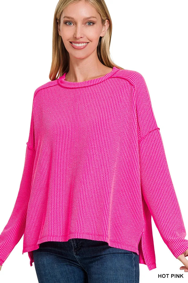 Zenana Exposed Seam Long Sleeve Corded Rib Knit Top - kinko