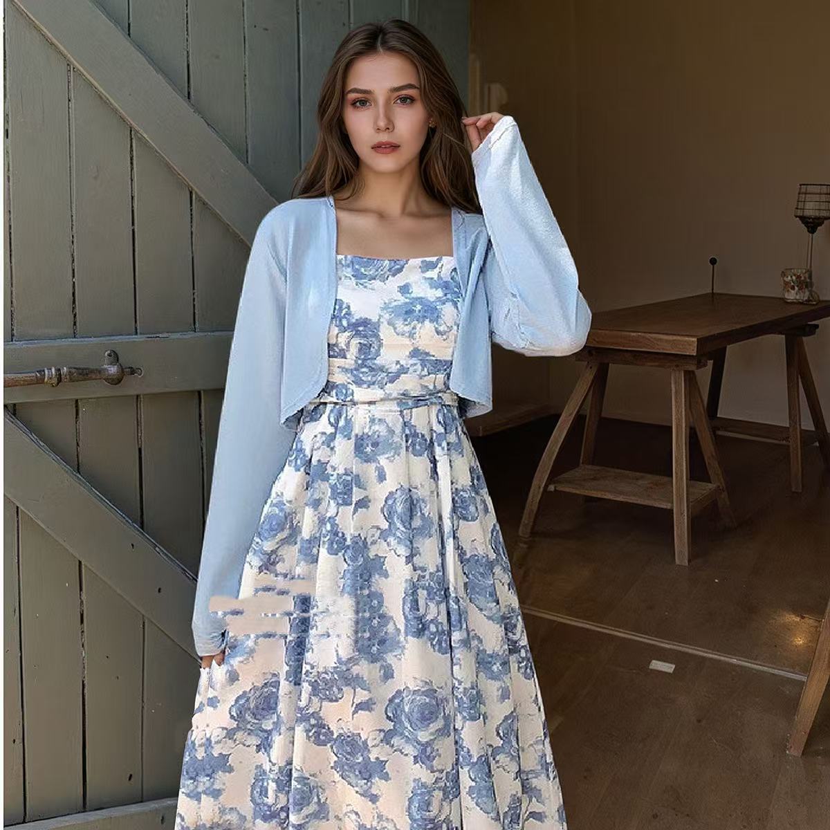 Forest Style Floral Skirt Long Sleeved Cardigan Wool Sweater - kinko