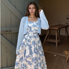 Forest Style Floral Skirt Long Sleeved Cardigan Wool Sweater - kinko