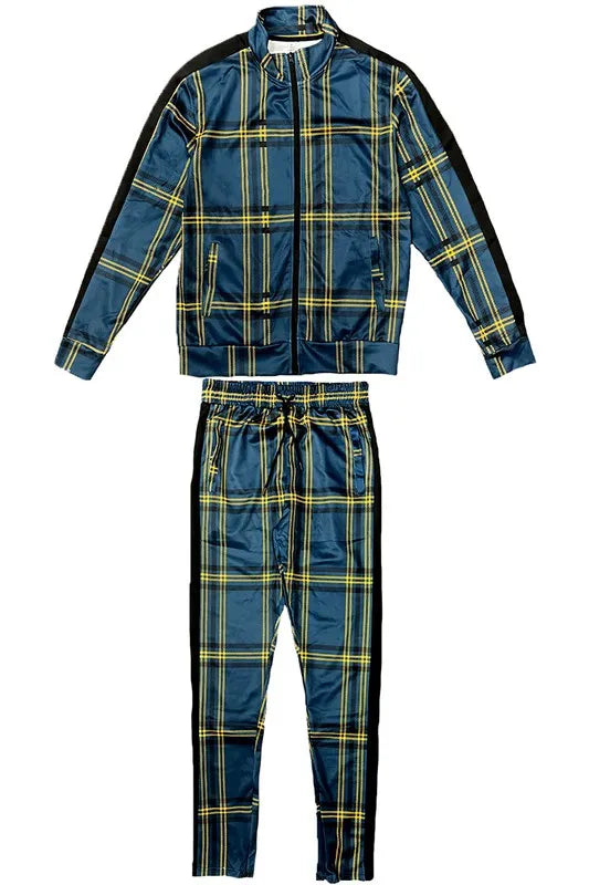 WEIV Men's Full Size Plaid Checkered Zip Up Track Jacket and Pants Set Plus Size - kinko