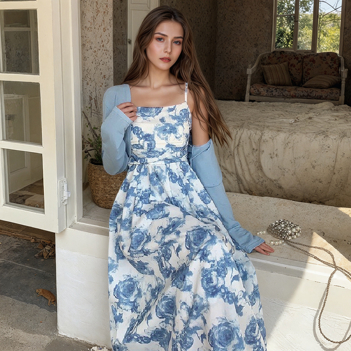 Forest Style Floral Skirt Long Sleeved Cardigan Wool Sweater - kinko