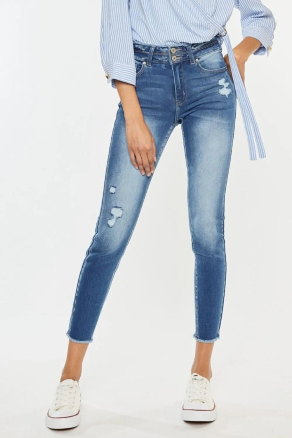 Kancan Distressed Raw Hem High Waist Jeans - kinko