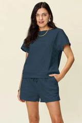 Double Take Full Size Texture Short Sleeve T-Shirt and Drawstring Shorts Set - kinko