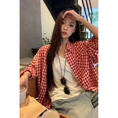 Red Plaid Shirt Cardigan Women's Long Sleeve Jacket - kinko