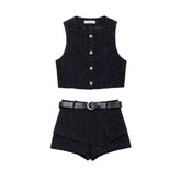 Textured Sleeveless O-neck Short Tweed Sleeveless Waistcoat Outerwear - kinko