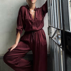 Lapel Long Sleeve Loose Shirt High Waist Trousers Two-piece Set - kinko