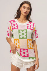 BiBi Flower Checker Pattern Lightweight Sweater Top - kinko