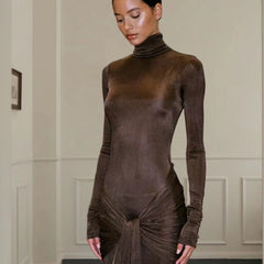 High Collar Solid Color European And American High-end Lace-up Design Dress - kinko