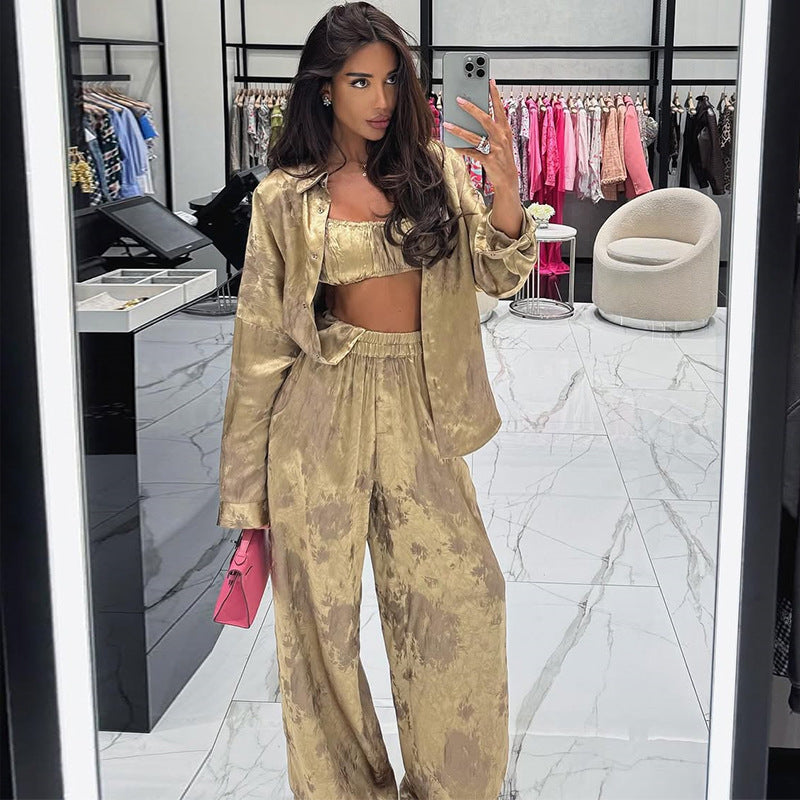 Lapel Long Sleeve Shirt Tube Top Wide Leg Pants Three-piece Set - kinko