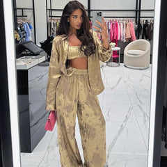 Lapel Long Sleeve Shirt Tube Top Wide Leg Pants Three-piece Set - kinko