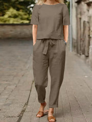 Full Size Round Neck Short Sleeve Top and Pants Set Plus Size - kinko