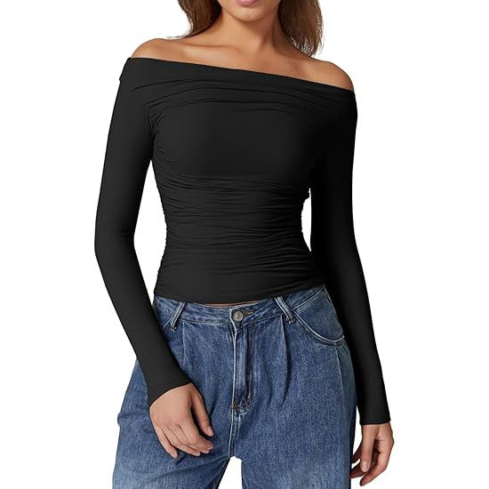 European And American Women's Clothing Top Off-shoulder Long Sleeve T-shirt - kinko