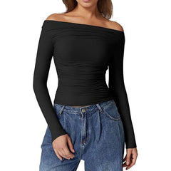 European And American Women's Clothing Top Off-shoulder Long Sleeve T-shirt - kinko