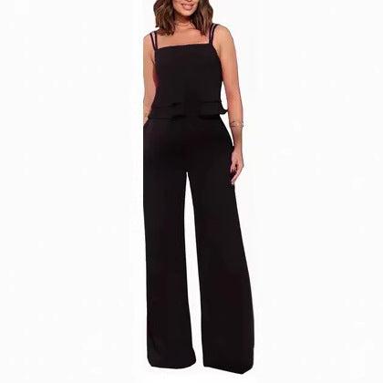 Sling Pure Color Ruffles Top Straight-leg Pants Fashion Suit - kinko