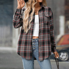 Casual Fashion Loose Plaid Pocket Shirt For Women - kinko