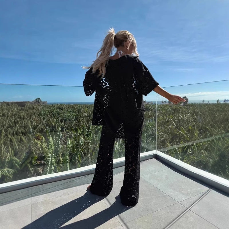 Polo Collar Hollow Lace Short Sleeve Top And Trousers Suit - kinko