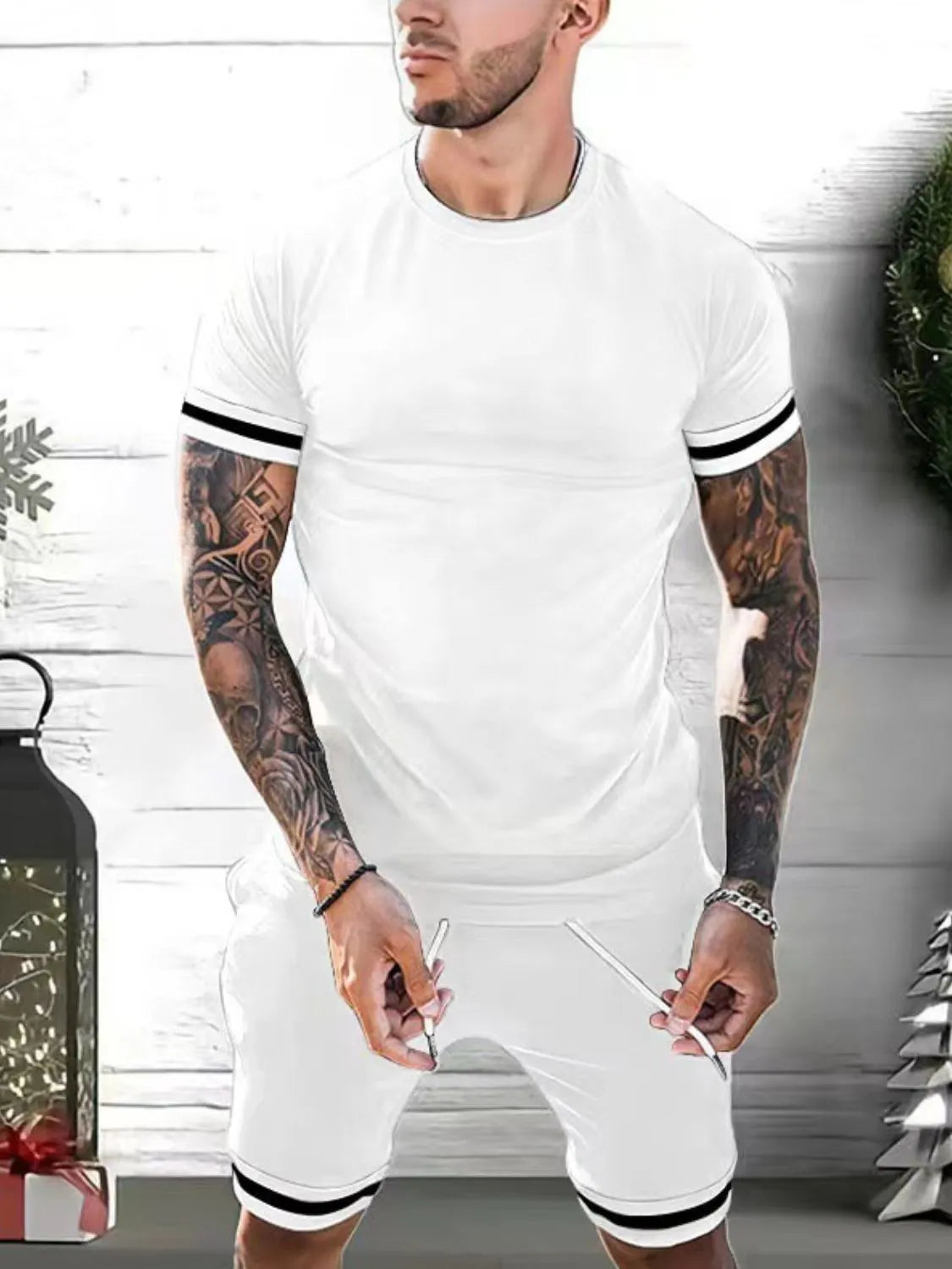 Men's Plus Size Round Neck Short Sleeve Top and Shorts Set - kinko