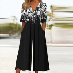 Spring And Summer Print Women's Pocket Collar Jumpsuit - kinko