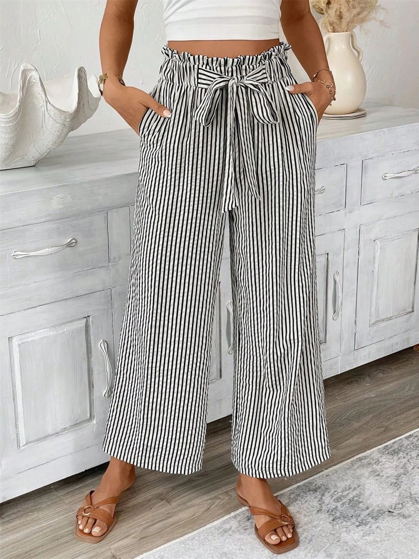 Full Size Striped Wide Leg Paper Bag Pants Plus Size - kinko
