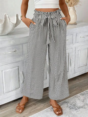 Full Size Striped Wide Leg Paper Bag Pants Plus Size - kinko